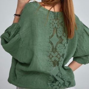 Boat Neck Three Quarters Puff Sleeve Lace Patchwork Drawstring Hem Blouse Casual Drop Shoulder Boho Loose Top, women Blouses & Shirts, ChicMe catalog