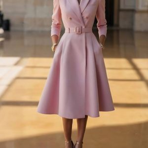 Urban Plain Buttoned Lapel Collar Midi Dress With Belt, Midi Dresses, color:Pink|size:XXL, Stylewe