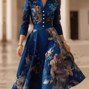 Elegant Floral Stand Collar Midi Dress, Midi Dresses, color:Blue|size:XXL, Stylewe