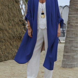 Women Spring/Fall Outerwear Vintage Split Joint Plain Three Quarter Sleeve Wrap Jacket, Coats, color:Blue|size:3XL, catalog Noracora shop