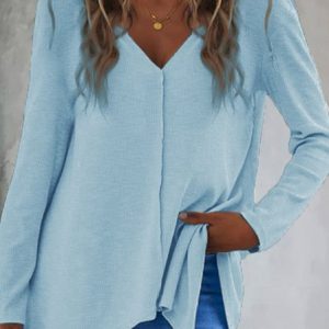Women Plain V Neck Vintage Long Sleeve T-shirt, Tees & T-shirts, Roselinlin - Online Catalog