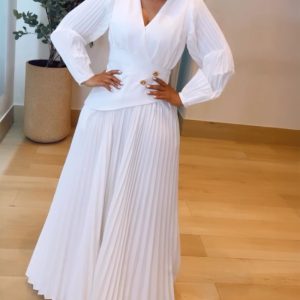 Button Decor Overlap V-Neck Pleated Puff Sleeve Zipper Side Commuting Dress Casual Cinched Waist Pleated Dress, women Work Dresses, ChicMe catalog