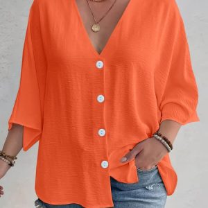 Women Plain Three Quarter Sleeve Shirt Spring/Fall Split Joint V Neck Daily Casual Top, JustFashionNow Blouses, color:Orange|size:3XL,