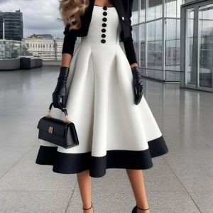 Elegant Color Block Buttoned Square Neck Midi Dress, Midi Dresses, color:White|size:XXL, Stylewe
