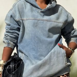 Casual Plain Distressing Hoodie Denim Top, Tops, color:Blue|size:XXL, Stylewe