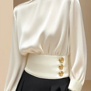 Satin Elegant Plain Crew Neck Blouse, Blouses and Shirts, color:Apricot|size:XXL, Stylewe
