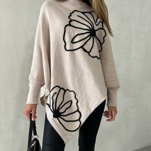 Jacquard Batwing Sleeve Asymmetrical Sweater Casual Loose Fit Top, women Sweaters & Cardigans, ChicMe catalog