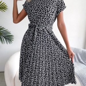 Women Floral Short Sleeve Summer Printing Dress Crew Neck Daily Vintage Midi Tank A-Line Dress, JustFashionNow Dresses, color:Black|size:XL,