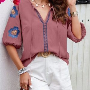 Women Floral Half Sleeve Shirt Summer Embroidery V Neck Daily Casual Top, JustFashionNow Blouses, color:Pink|size:XL,