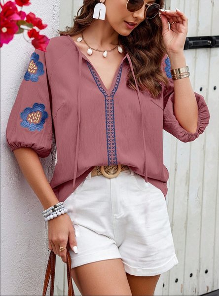 Women Floral Half Sleeve Shirt Summer Embroidery V Neck Daily Casual Top, JustFashionNow Blouses, color:Pink|size:XL,