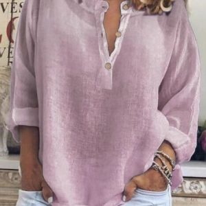 V Neck Short Sleeve Plain Buckle Regular Micro-Elasticity Regular Fit Shirt For Women, Blouses, color:lavender|size:XXL, catalog Noracora shop