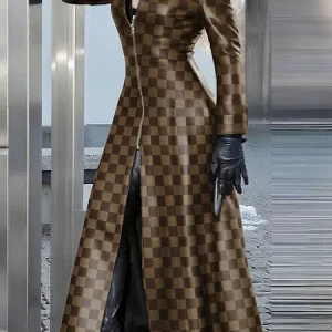 Urban Plaid Stand Collar Faux Leather Coat, Jackets, color:Brown|size:XXL, Stylewe