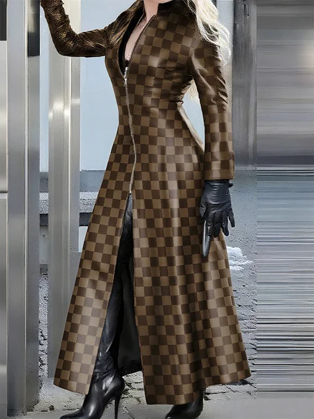 Urban Plaid Stand Collar Faux Leather Coat, Jackets, color:Brown|size:XXL, Stylewe
