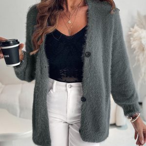 V-Neck Single Breasted Fuzzy Cardigan Casual Minimalist Sweater Coat, women Sweaters & Cardigans, ChicMe catalog