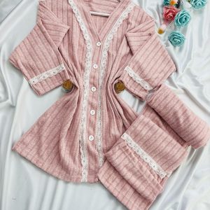 2 Pieces Outfit V-Neck Button Front Top and Elastic Waist Straight Leg Pants Set Casual Lace Spliced Ribbed Pajamas Set, women Pajamas Sets, ChicMe catalog
