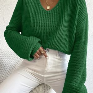 Women Cotton Plain Long Sleeve Comfy Casual Sweater, Sweaters, color:Green|size:M, catalog Noracora shop