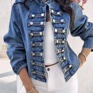Button Decor Stand Collar Long Sleeve Jacket Casual Denim Coat, women Jackets & Coats, ChicMe catalog