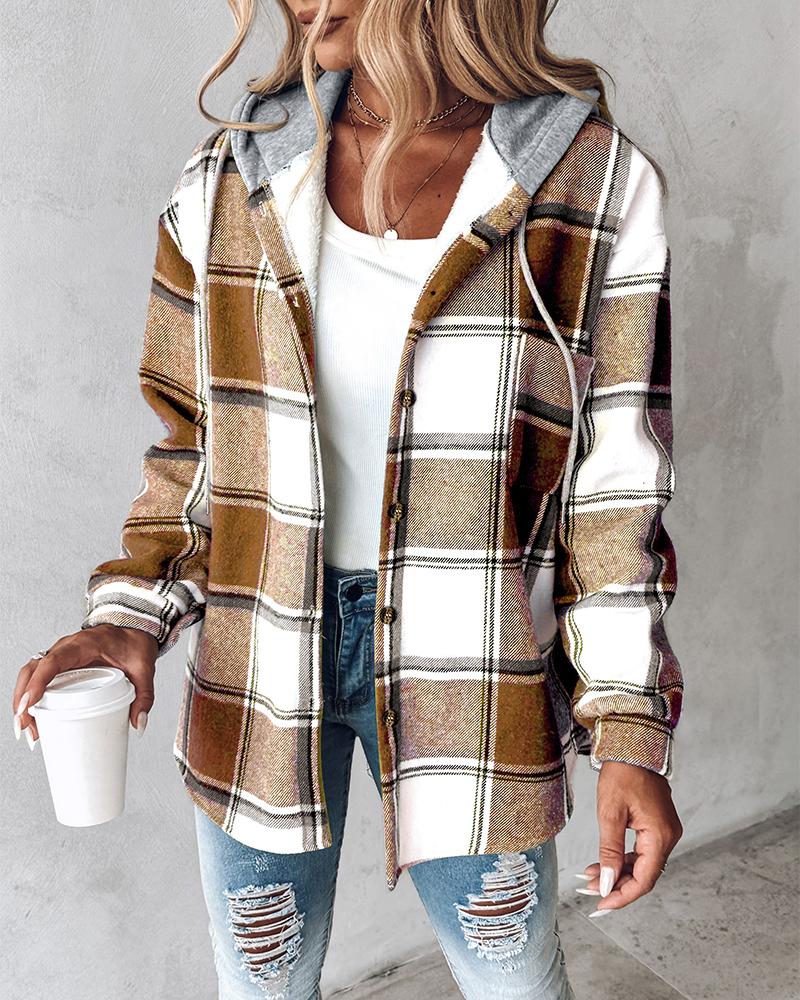 Plaid Pattern Long Sleeve Shacket Button Down Fleece Lined Hooded Jackets Warm Coat, women Jackets & Coats, ChicMe catalog - Image 3