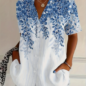 Shirt Collar Short Sleeve Floral Printing Regular Micro-Elasticity Loose Button Up Shirt Shirt For Women, Shirts, color:White|size:5XL, catalog Noracora shop