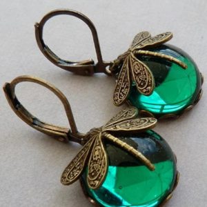 1Pair Vintage Metal Dragonfly Earrings Inky Blue Moonstone Brass Glass Cabochon Victorian Gifts, women Earrings, ChicMe catalog