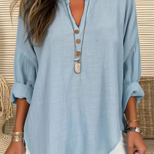 Women Plain Long Sleeve Blouse Spring/Fall Printing V Neck Daily Casual Top, JustFashionNow Shirts, color:Blue|size:5XL,