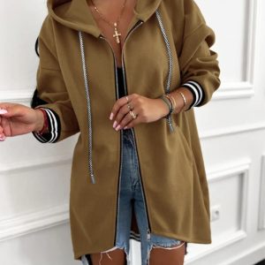 Striped Cuffs Pocket Design Zipper Front Drawstring Hoodie Jacket Casual Drop Shoulder Asymmetrical Hem Mid-length Coat, women Jackets & Coats, ChicMe catalog