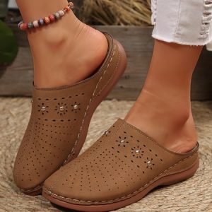 Vintage Plain Slip On Flat Heel Vented Clogs, Women shoes, color:Brown|size:43, catalog Noracora shop