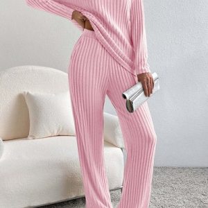 Women Plain Embossed Two-Piece Set Daily Long Sleeve Casual Spring/Fall Top With Pants Matching Set, JustFashionNow Suit Set, color:Pink|size:XXL,