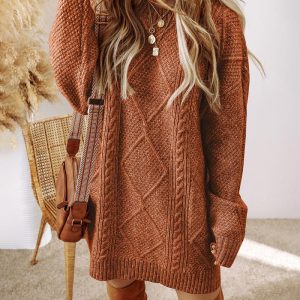 Round Neck Long Sleeve Sweater Dress Casual Loose Fit Cable Knit Pullover Mini Dress, women Sweaters & Cardigans, ChicMe catalog