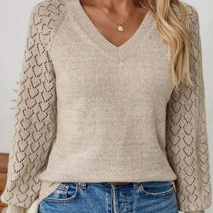 Casual Plain V Neck Long Sleeve T-shirt, T-shirts, color:Apricot|size:XL, catalog Noracora shop