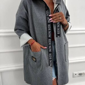 Zip Up Pockets Design Letter Tape Trim Hoodie Jacket Casual Drop Shoulder Mid-Length Coat, women Jackets & Coats, ChicMe catalog