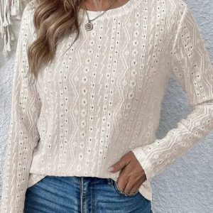 Casual Floral Crew Neck Long Sleeve T-shirt, T-shirts, color:Apricot|size:3XL, catalog Noracora shop