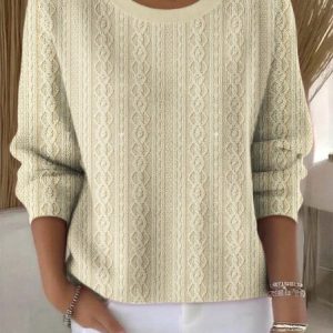 Women Cotton Geometric Long Sleeve Comfy Vintage Sweater, Sweaters, color:Khaki|size:4XL, catalog Noracora shop