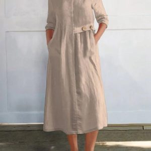 Women Plain Spring/Fall Buttoned Dress Crew Neck Long Sleeve A-Line Dress, Dresses, color:Khaki|size:3XL, catalog Noracora shop