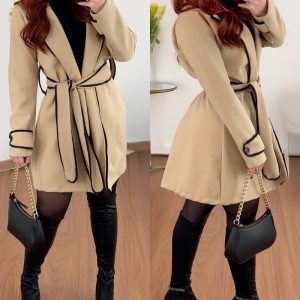 Turn-down Collar Long Sleeve Casual Tie Detail Cinch Coat, women Jackets & Coats, ChicMe catalog