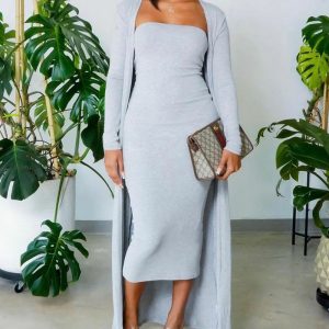 2 Pieces Outfit Solid Slim Fit Strapless Dress and Casual Open Front Long Sleeve Long Cardigan, women Two-piece Sets, ChicMe catalog