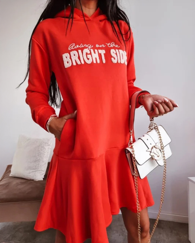 Letter Pattern Long Sleeve Ruffle Hem Dress Casual Pocket Design Hoodie Sweatshirt Dress, women Casual Dresses, ChicMe catalog - Image 3