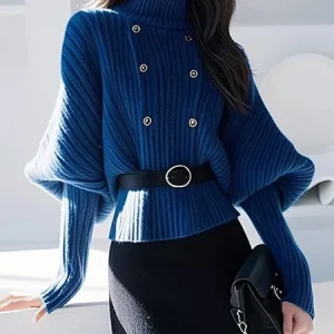 Casual Plain Buttoned Turtleneck Balloon Sleeve Sweater No Belt, Pullovers, color:Blue|size:XXL, Stylewe