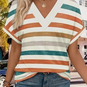Women Striped Crew Neck Vintage Short Sleeve T-shirt, Tees & T-shirts, Roselinlin - Online Catalog