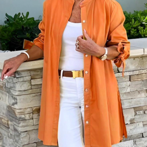 Women Plain Long Sleeve Shirt Spring/Fall Daily Vintage Top, JustFashionNow Blouses, color:Orange|size:3XL,