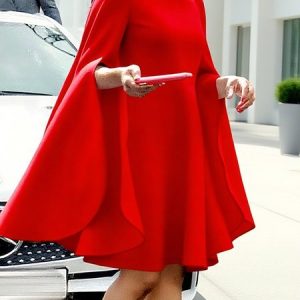 Elegant Plain Split Sleeves Irregular Craftsmanship Stand Collar Knee Length Dress, Midi Dresses, color:Red|size:XXL, Stylewe