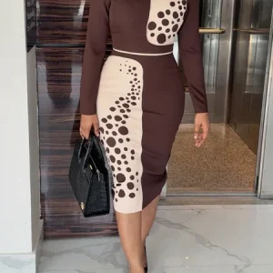 Urban Color Block Geometric Printing Crew Neck Midi Dress, Midi Dresses, color:Brown|size:XXL, Stylewe
