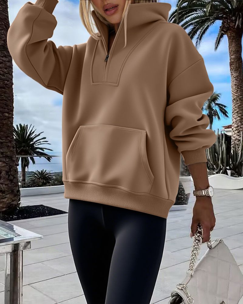 High Neck Half Zip Long Sleeve Kangaroo Pocket Sweatshirt Casual Drop Shoulder Top, women Sweats & Hoodies, ChicMe catalog - Image 5