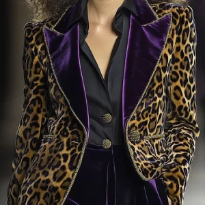 Urban Velvet Split Joint Animal Print Lapel Collar Blazer, Blazers, color:As Picture|size:XXL, Stylewe