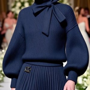 Casual Plain Bow Turtleneck Balloon Sleeve Sweater, Pullovers, color:Blue|size:XXL, Stylewe
