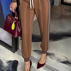 Casual Striped Pockets Ankle Banded Pants, Pants, color:Brown|size:XXL, Stylewe