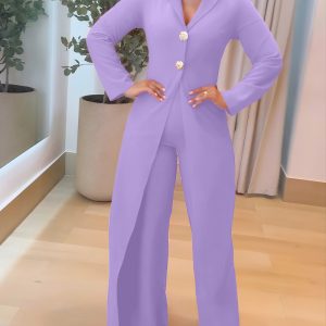 Notched Collar Long Sleeve Button Front Jumpsuit Casual Cinched Waist Wide Leg Faux Two-Piece Jumpsuit, women Jumpsuits, ChicMe catalog