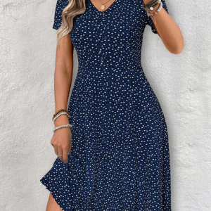 Women Abstract Polka Dots Short Sleeve V Neck Dress Daily Casual Midi Fit & Flare Dress A-Line Summer Dress, JustFashionNow Dresses, color:Purplish Blue|size:5XL