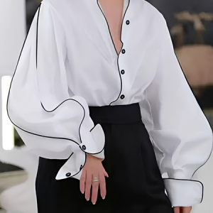 Urban Color-Block Stand Collar Shirt, Blouses and Shirts, color:White|size:XXL, Stylewe
