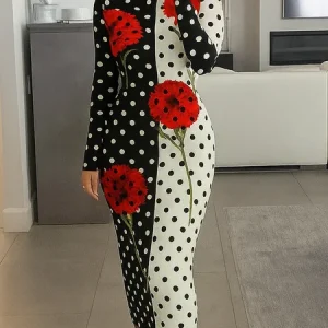 Casual Polka Dots Printing Crew Neck Midi Dress, Midi Dresses, color:Black-white|size:XXL, Stylewe